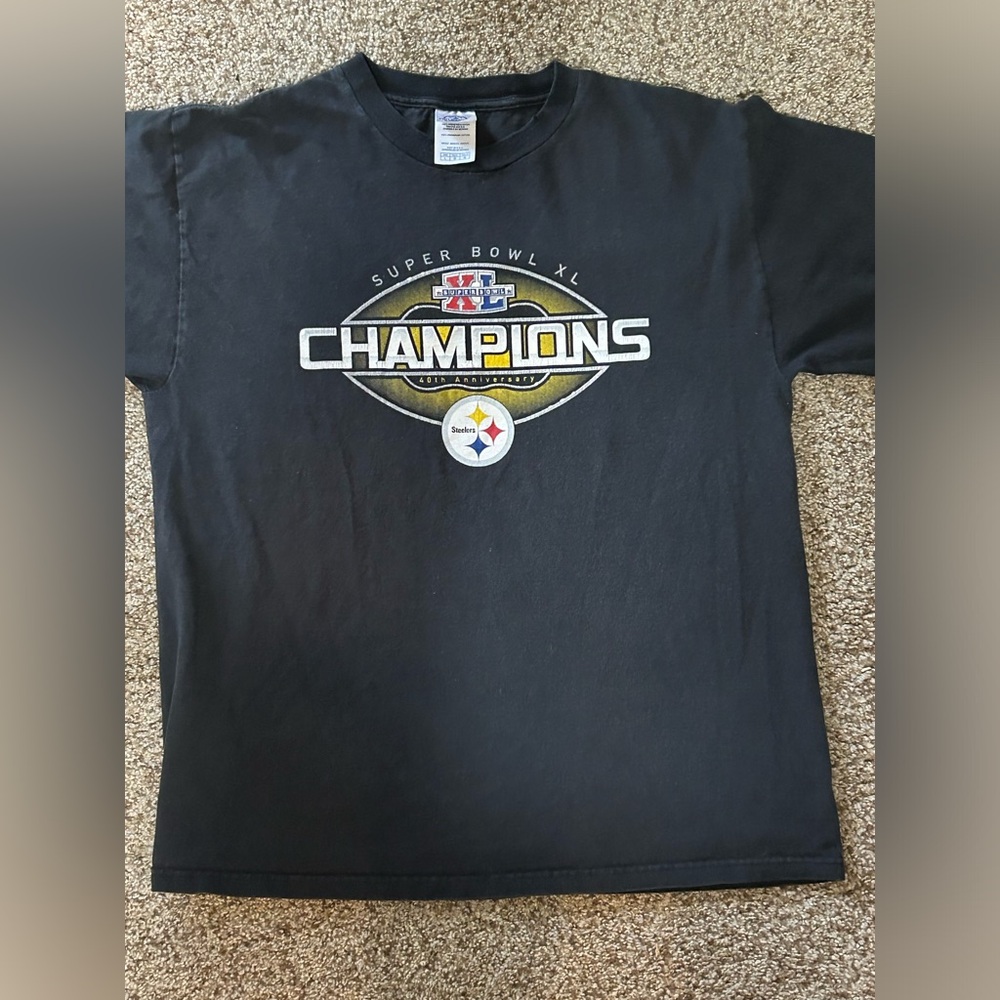 Super Bowl XL Champions Steelers 40th Anniversary Men Large Black T-Shirt